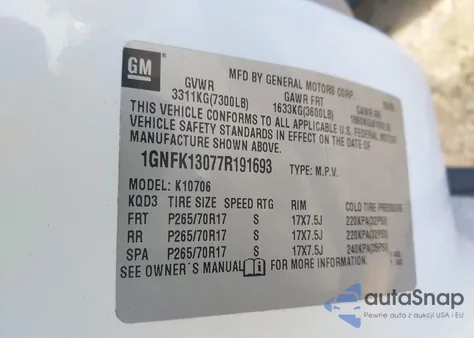 2007 Chevrolet Tahoe Lt z USA, uszkodzony, nr VIN 1GNFK13077R191693